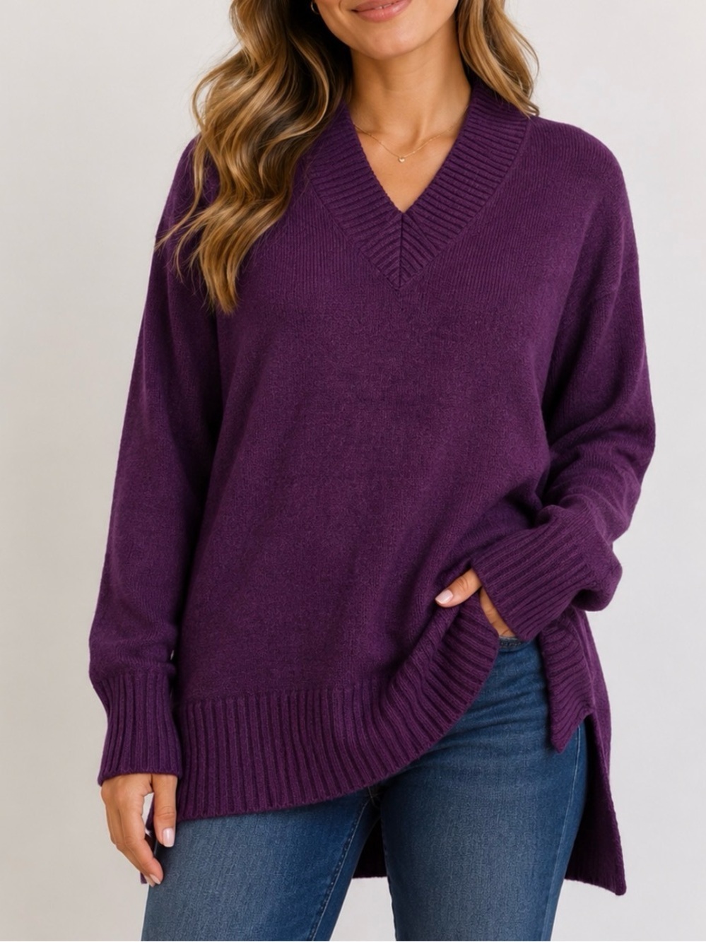 Time & True V-Neck Longline Sweater Tunic in Plum/wine cozy lightweight SZ M